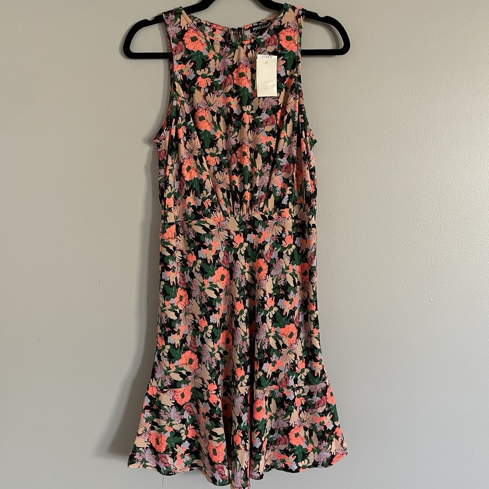 J Crew Merc Ruched Waist Dress Size 6‎ Neon Floral Flounce Sleeveless Fairy Soft - Picture 2 of 13